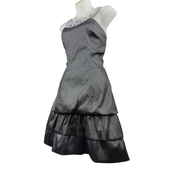 Y2K TABOO USA silver taffeta mini dress with bling collar - Picture 1 of 9